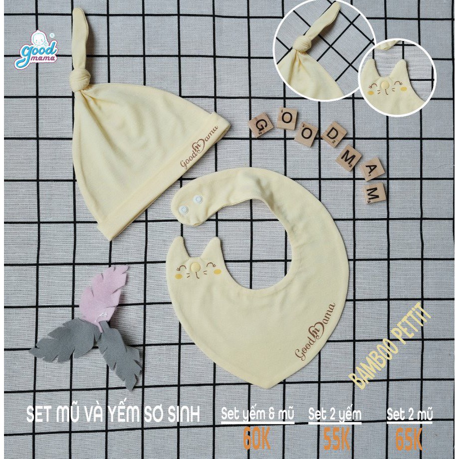 [Rẻ Vô Địch] Set mũ và yếm sơ sinh sợi tre họa tiết mặt mèo trẻ em Good Mama