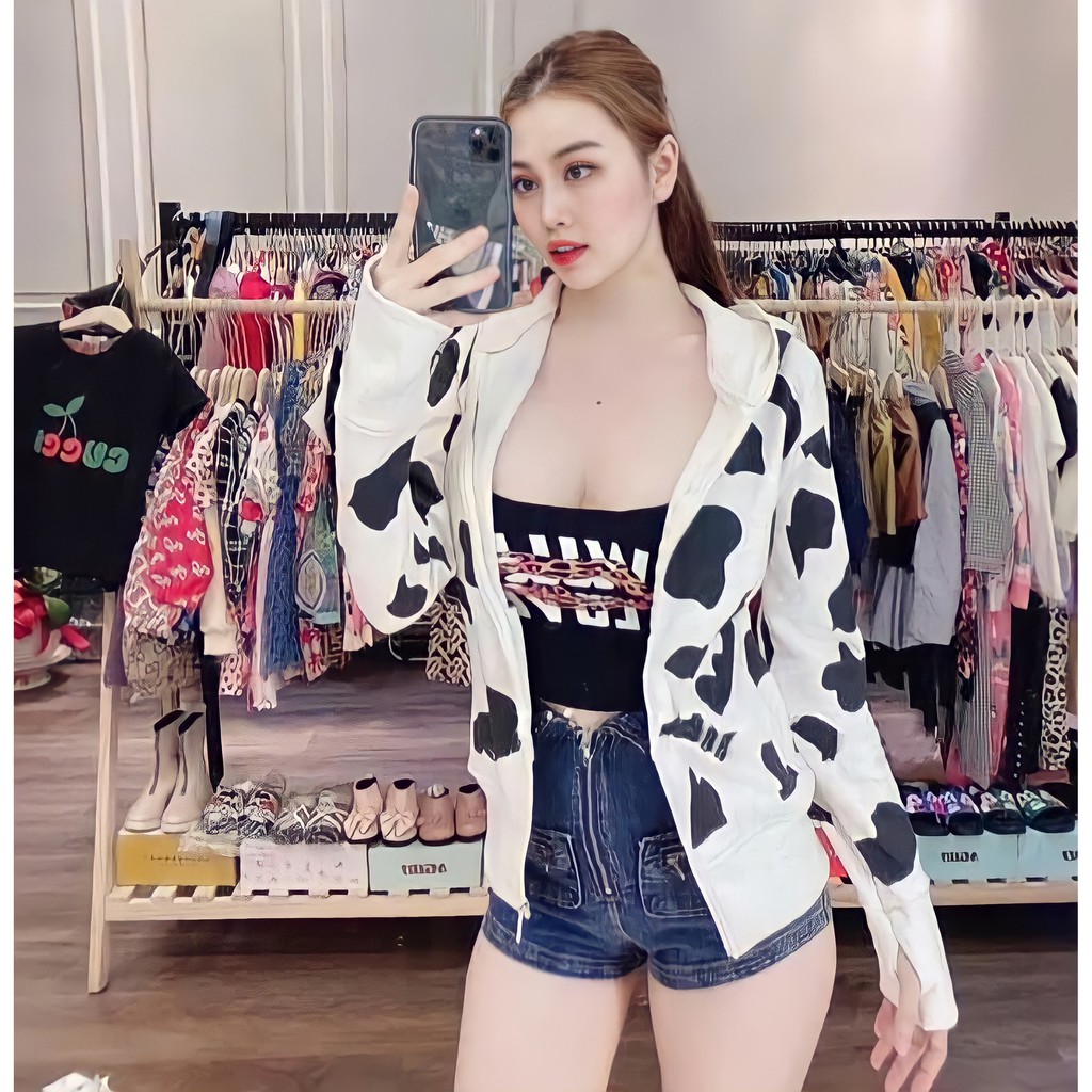 Áo chống nắng croptop, áo khoác chống nắng nam nữ phối hình bò sữa chất vải umi co giãn thoải mái shopanamy