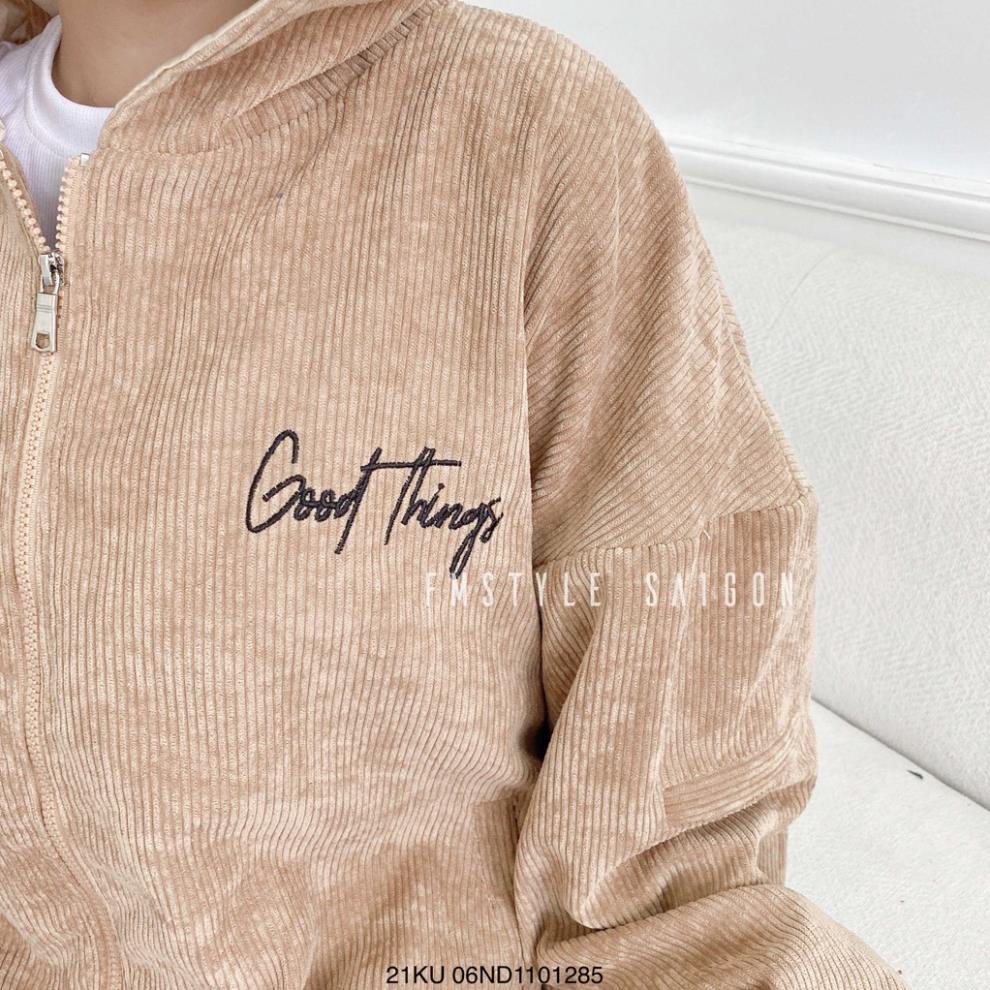 12.12 Áo khoác có nón chống nắng thêu Good Things , áo gió nhung gân nữ ulzzang thời trang FmStyle S