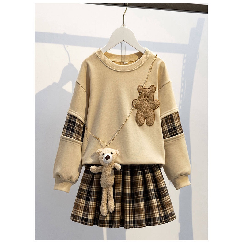 Bộ Áo Sweater + Chân Váy Xếp Ly Sọc Ca Rô Thời Trang Cho Bé Gái 2022 Mới