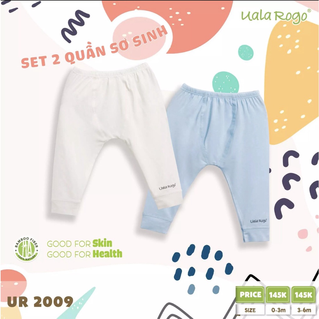 Set 2 quần sơ sinh Uala rogo 0-6 tháng vải sợi tre Bamboo cạp chun UR 2009