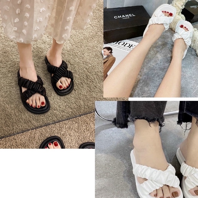 Dép nữ ulzzang quai chéo nhúm bèo 2 màu trắng đen_có sẵn