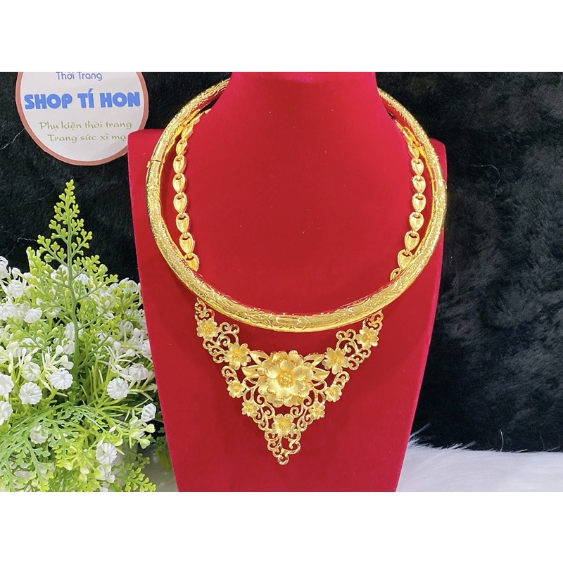 Set 1 kiềng cổ chạm rồng phụng 1 dây chuyền hoa mai mạ vàng 24 cao cấp mẫu mới về ( có tặng kèm hộp nhung đỏ đựng cưới )