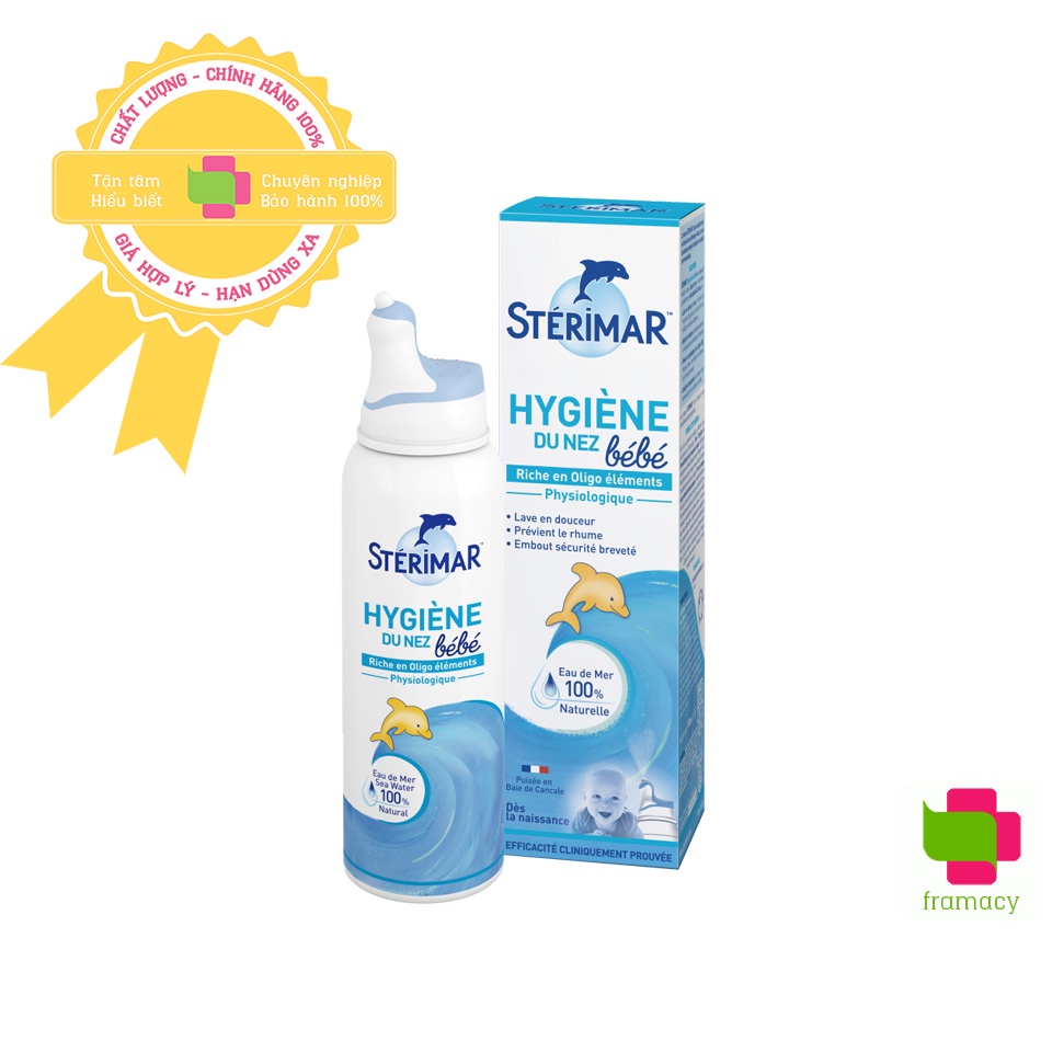 Xịt muối mũi cá heo vàng và cam Sterimar, Pháp (100ml) giúp vệ sinh và giảm vie^m mũi cho trẻ 0 - 3 tuổi