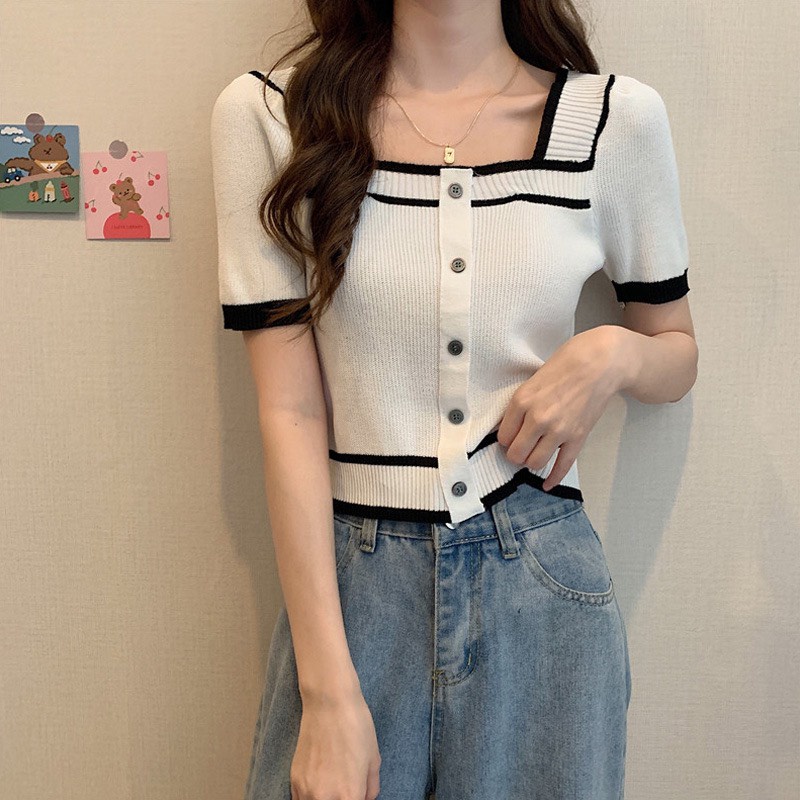 Áo Kiểu Nữ Croptop, Áo Len Dệt Kim Cổ Vuông Phối Nút Thời Trang