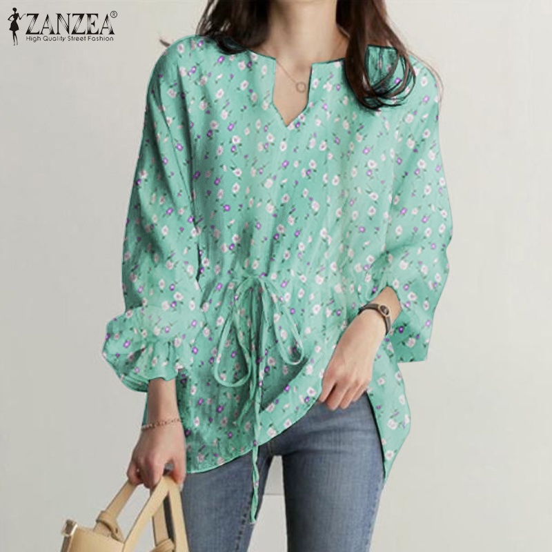 Áo kiểu Zanzea tay phồng cổ chữ V lưng thun rút dây co giãn in hoa thời trang cho nữ