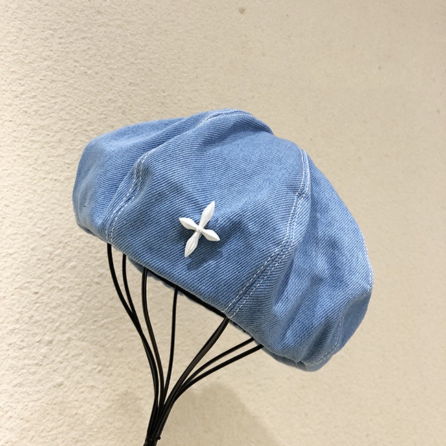 Nón Beret Denim Đính Nhãn Kim Loại Kiểu Họa Sĩ Thời Trang Hàn Quốc Dễ Phối Đồ