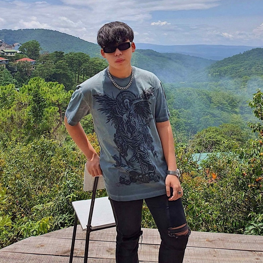 Áo thun xám xanh wash rock In Lụa Thần Chết Grim Reaper - size lớn oversize bigsize - chất xuất mỹ form unisex nam nữ