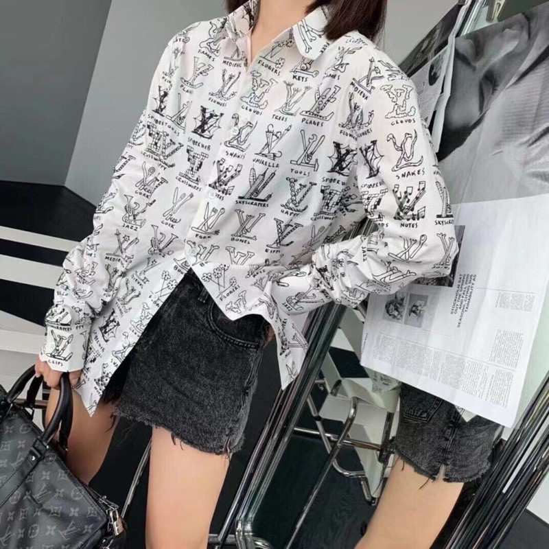 áo sơ mi nữ cổ bẻ hoạ tiết hoa văn thương hiệu vải nhập khẩu LV