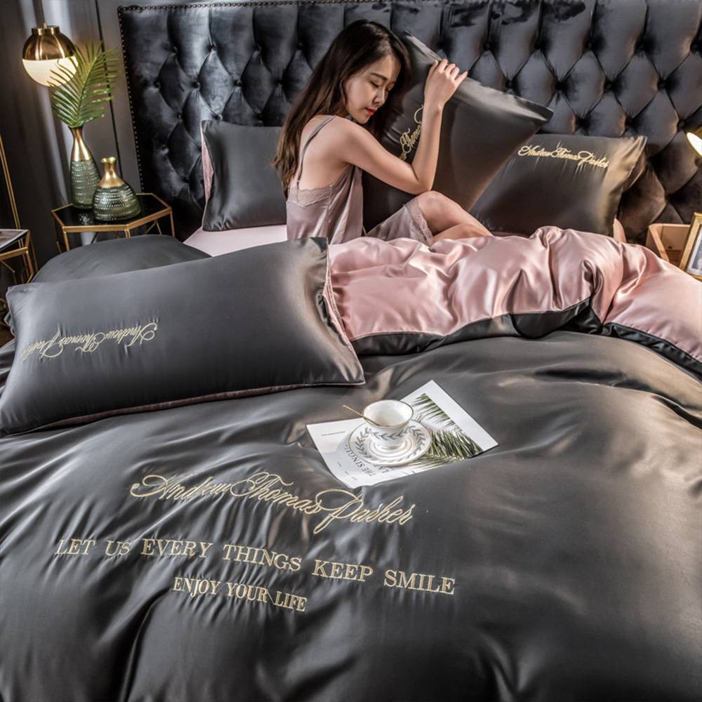 Bộ đồ giường bằng lụa thời trang Shenbang Bộ đồ giường nguyên chất A / B Mẫu hai mặt Đơn giản Tấm trải giường Khăn trải giường Vỏ gối 4 chiếc