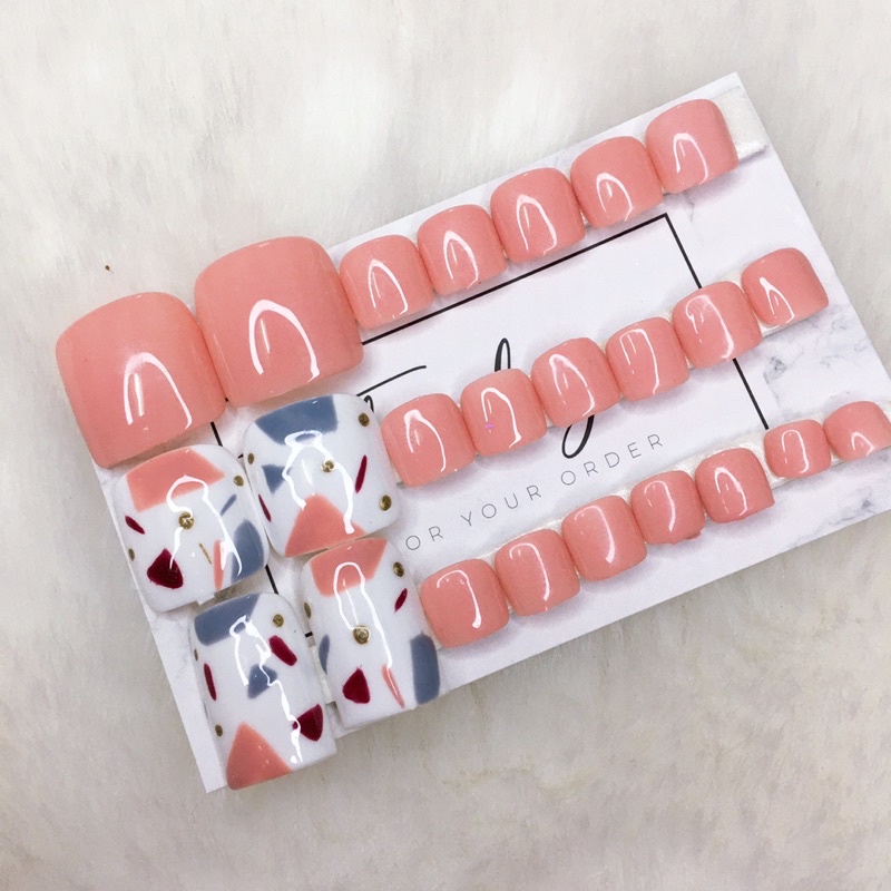 ( Có ảnh thật) Nailbox Bộ 24 móng úp chân thiết kế sẵn/ móng chân giả màu hồng trang trí đơn giản