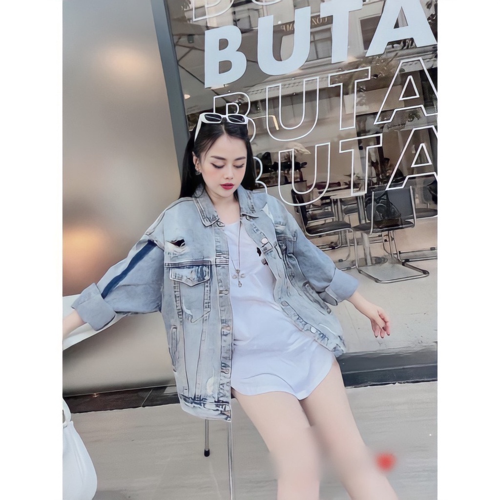 Áo Khoác Jeans Loang Rách Nữ Dài Tay Áo Sơ Mi Bò Nữ Dáng Rộng G0202