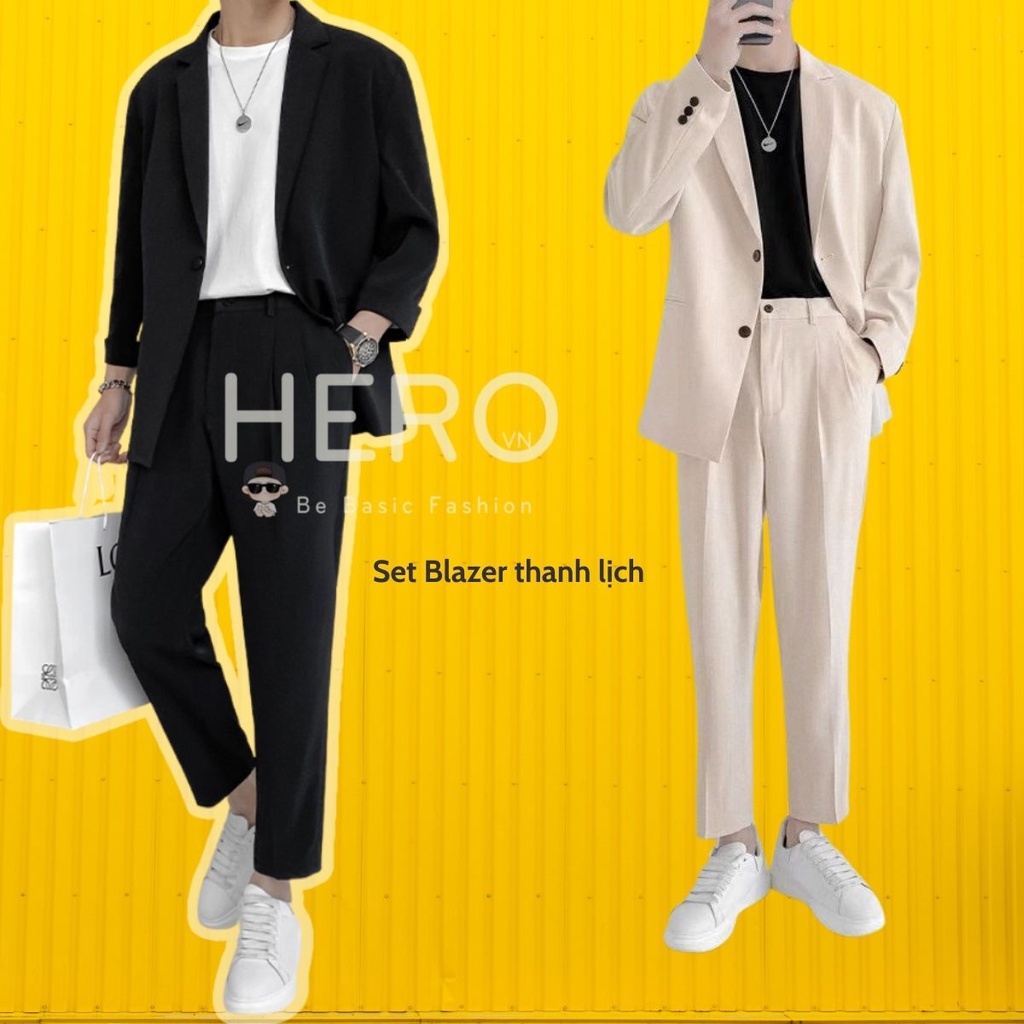 Set áo blazer nam quần dài  MrHero set04 bộ đồ áo khoác vest dài tay quần công sở dự tiệc thời trang Hàn Quốc M.RO