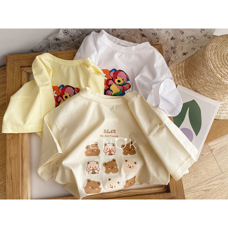 Áo Thun Cotton Tay Ngắn Dáng Rộng In Họa Tiết Gấu Hoạt Hình Dễ Thương Phong Cách Nhật Hàn Thời Trang Mùa Hè Cho Bé Gái 22