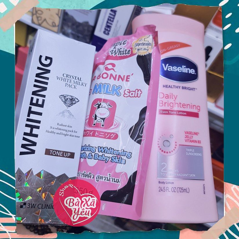 COMBO Dưỡng Thể VASELINE + Kem tắm trắng 3W Clinic Crystal White Milky Pack 200g + Muối Tẩy Tế Bào Chết A BONNE - BX3753