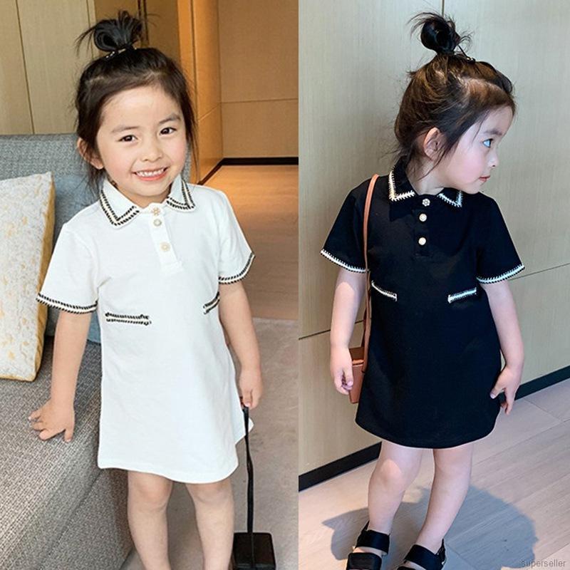 Đầm cổ bẻ tay ngắn phối màu tương phản phong cách hè thời trang Hàn Quốc cho bé gái