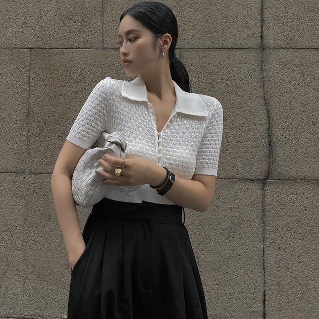 Áo polo dệt kim ZHELIHANGFEI tay ngắn thêu họa tiết đính ngọc trai phong cách thời trang cao cấp cho nữ