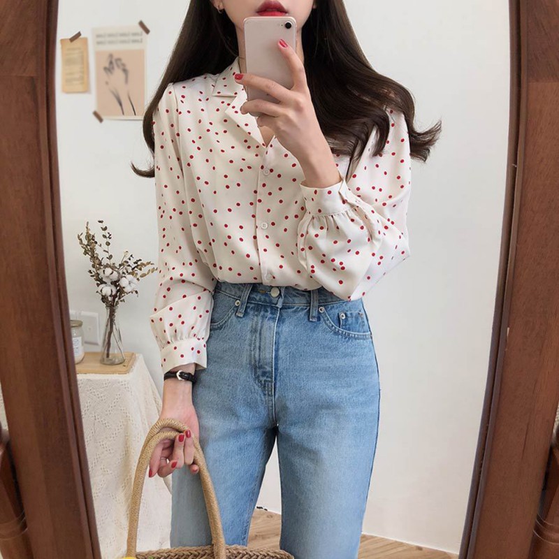 Áo sơ mi tay dài dáng rộng hoạ tiết chấm bi thiết kế thanh lịch cho phái nữ