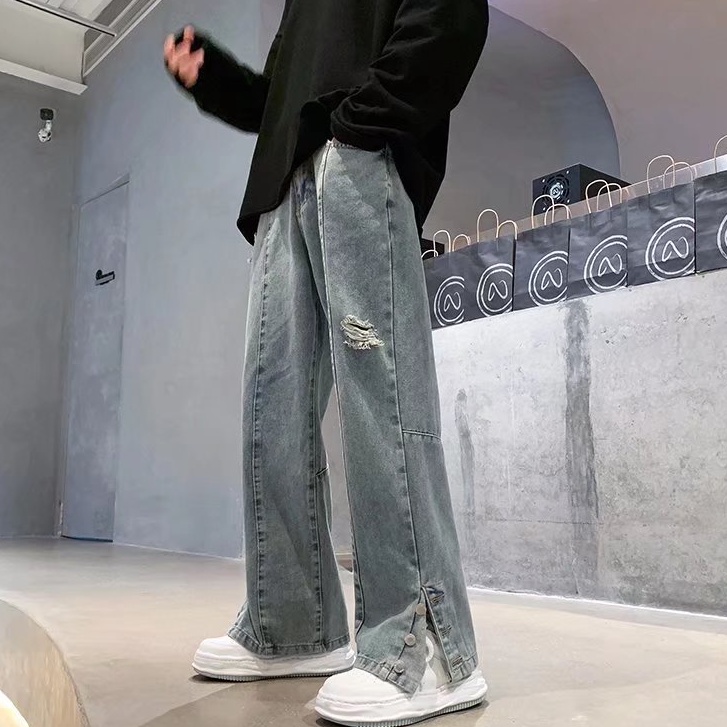 Quần Jean Ống Rộng Xẻ Rách Thêu Chữ Phong Cách Hip Hop Hàn Quốc Thời Trang Cho Nam Và Nữ 2022