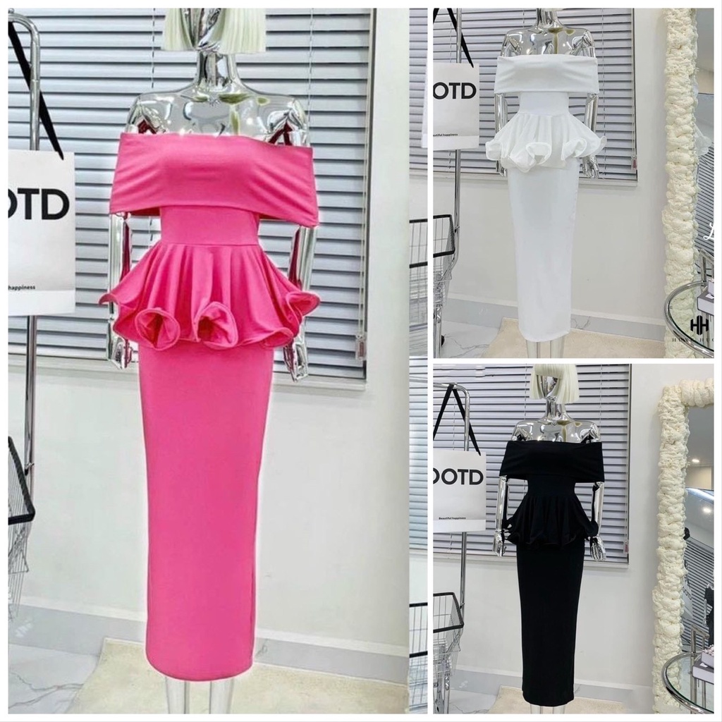 Set Áo Trể Vai Cuốn Biên Bèo Kèm Chân Váy Xẻ Sau