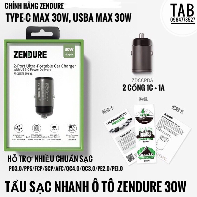 Tẩu Sạc Nhanh Zendure 2 Cổng 30W, 2 Port Ultra - Bảo Hanh 12T [ZDCCPDA]