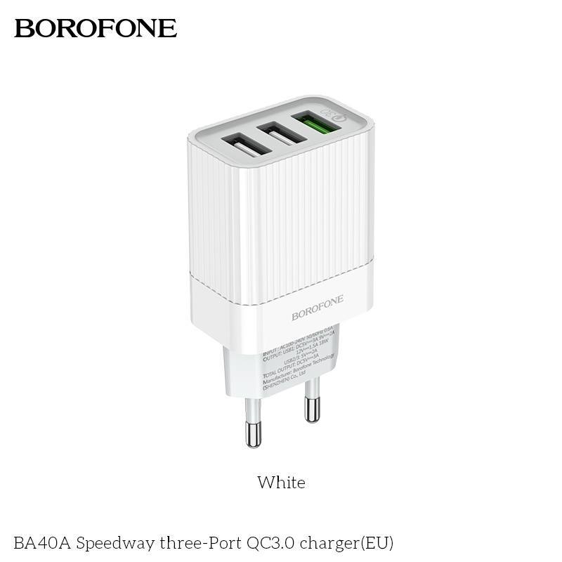 Củ sạc nhanh 18W-QC3.0 BOROFONE BA40A gồm 3 cổng USB dòng 3A - Chính hãng