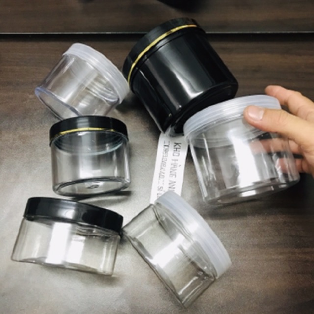 10 hủ nhựa hấp dầu 200gr/ 500gr - combo 10 hủ nhựa chiết kem trong suốt nắp đen - hủ nhựa có nắp lót - hủ chiết mỹ phẩm