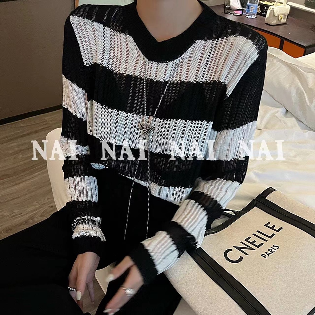 Áo dệt kim mỏng SUXI tay dài dáng rộng họa tiết kẻ sọc thời trang mùa hè xinh xắn cho nữ