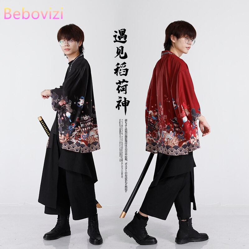 Áo khoác Kimono hóa trang Samurai màu đỏ đen thời trang mùa hè 2021