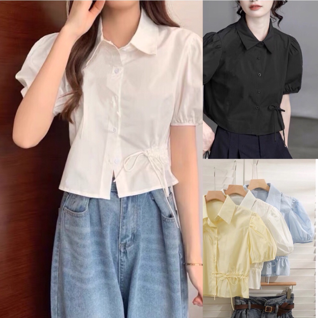 Áo sơ mi nữ đẹp kiểu Hàn Quốc form rộng ngắn tay nơ rút dễ thương mẫu mới trendy siêu hot 2022 LALYTASTORE SM21