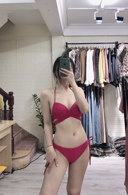 Bikini 2 mảnh áo gọng chéo ngực quần tam giác buộc dây đỏ đô (ảnh thật 100%)