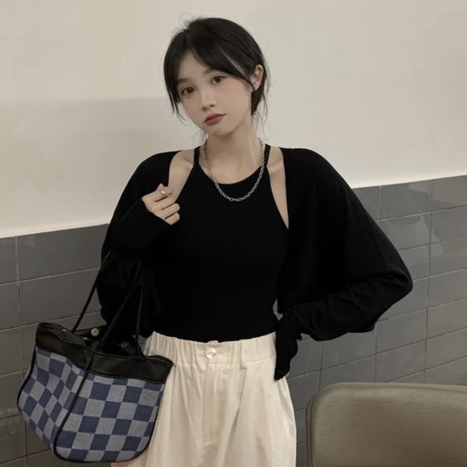 Set Áo Quây Tăm Tay Bồng PEONYB Nữ [FREESHIP]  Bộ croptop body kèm áo khoác cardigan mini màu trắng bánh bèo Ulzzang