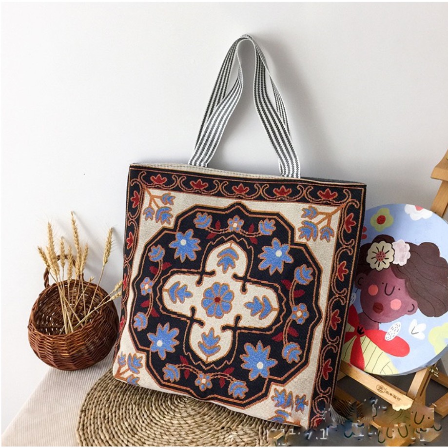 Túi tote vải canvas bao tử hoa thổ cẩm size to vừa A4 có dây kéo