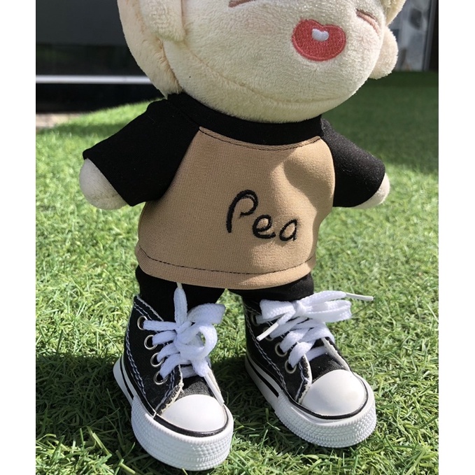 Bộ đồ phối nâu đen thêu chữ Pea cho doll 15cm 20cm