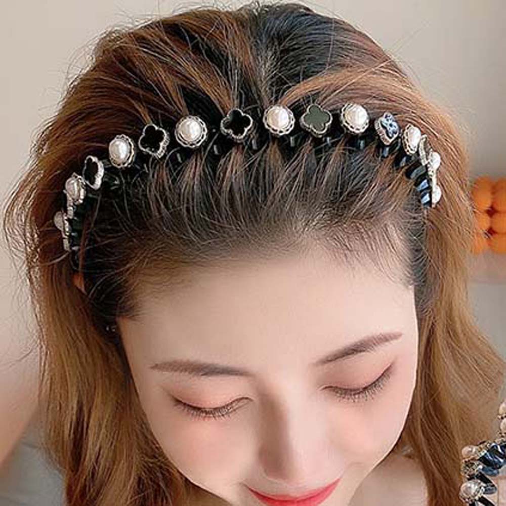 Băng đô cài tóc hình cỏ bốn lá đính ngọc trai giả thời trang Hàn Quốc