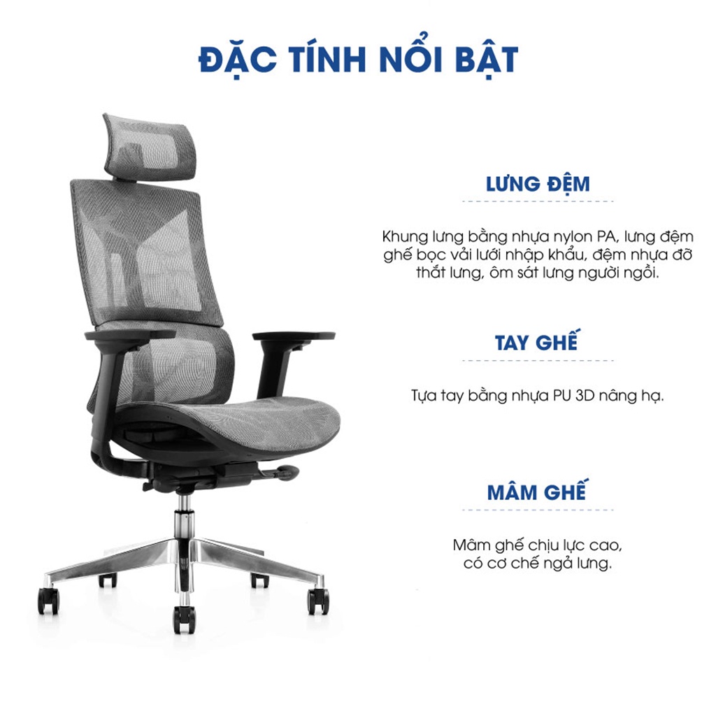 Ghế công thái học Ergonomic GOVI Felix F6226A - Tựa đầu điều chỉnh độ cao, tựa tay 3D nâng hạ, mâm ghế ngả 3 vị trí