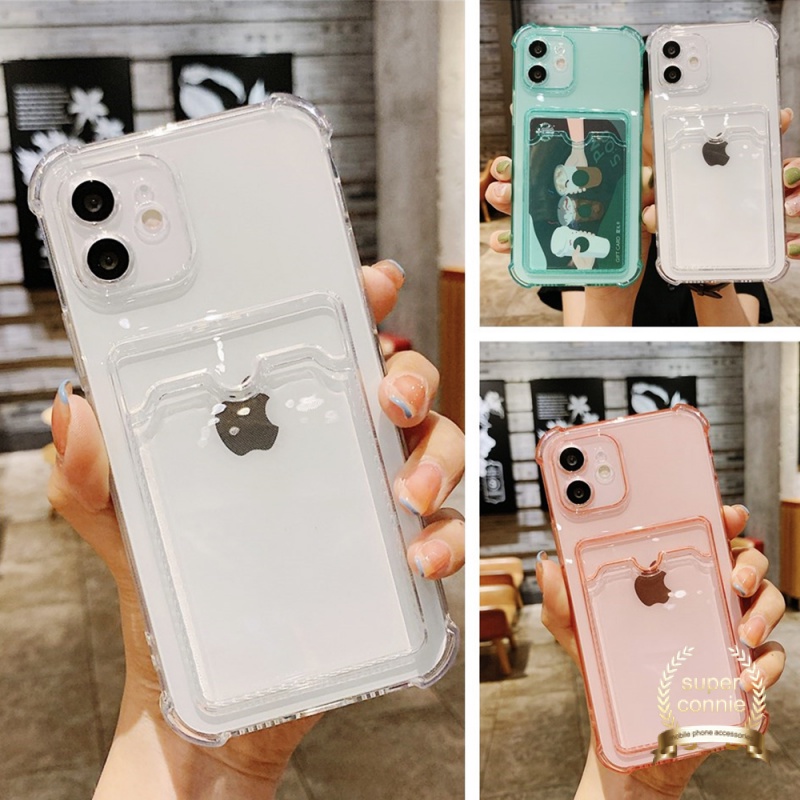 Ốp điện thoại TPU mềm có khe đựng thẻ màu trong suốt cho Iphone 6 6s 6p 7 8 Se 2020 7p X 11 12