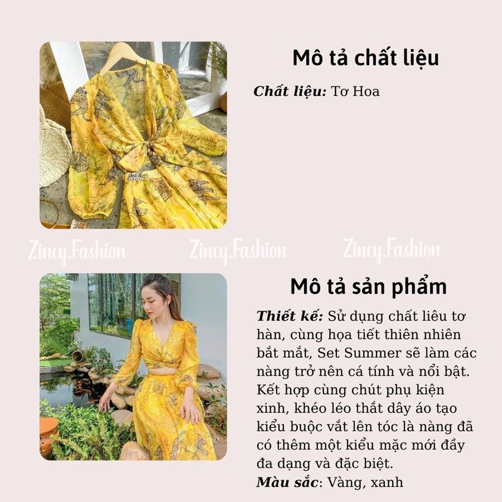 Set đi biển áo tay dài cột eo chân váy maxi xẻ tà màu vàng hoạ tiết nổi bật Váy maxi đầm đi biển Kèm hình thật