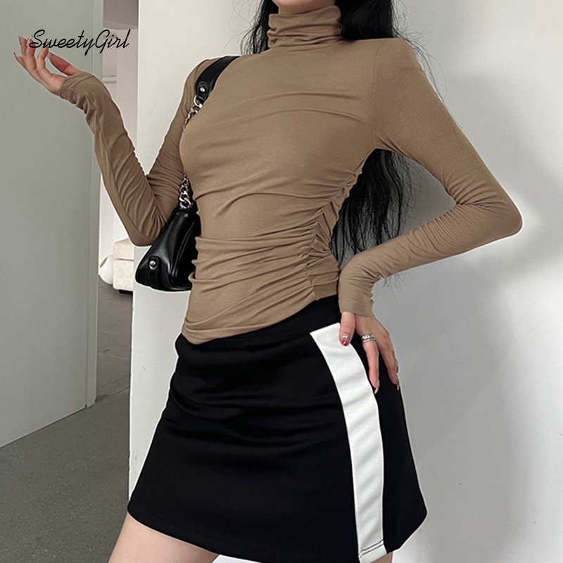 Áo Thun Kaki Tay Dài Cổ Cao Màu Trơn Dáng Ôm Thời Trang 2022 Dành Cho Bạn Nữ