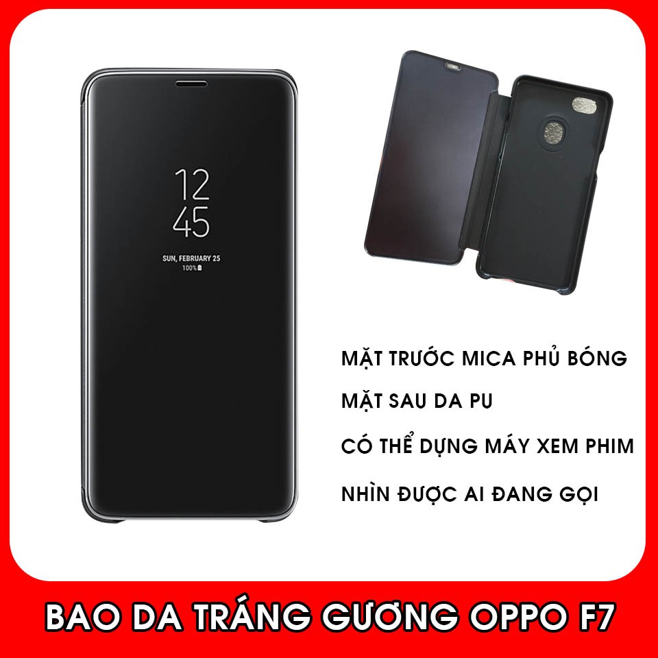 Bao Da Tráng Gương Oppo F7 - Bao Da Nắp Gập, Mặt Trước Sáng Bóng, Mặt Sau Da PU