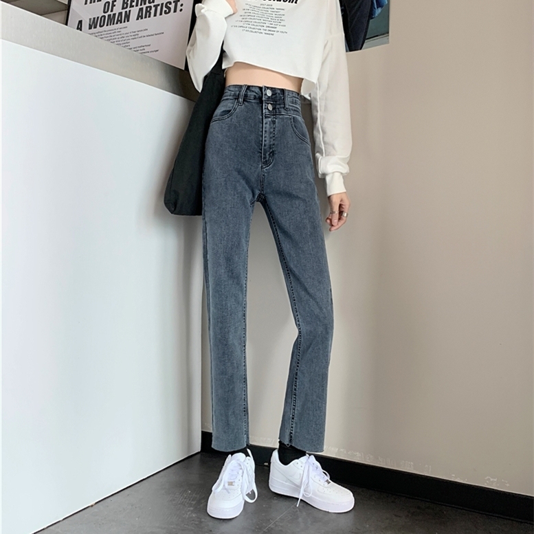 Quần Jeans Lưng Cao Ống Đứng Thời Trang Xuân Thu Cho Nữ