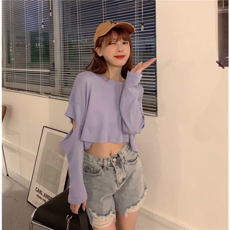 SUXI Áo Thun Dệt Kim Tay Dài Cổ Tròn Lưng Cao Thời Trang Mùa Thu Hàn Quốc Cho Nữ