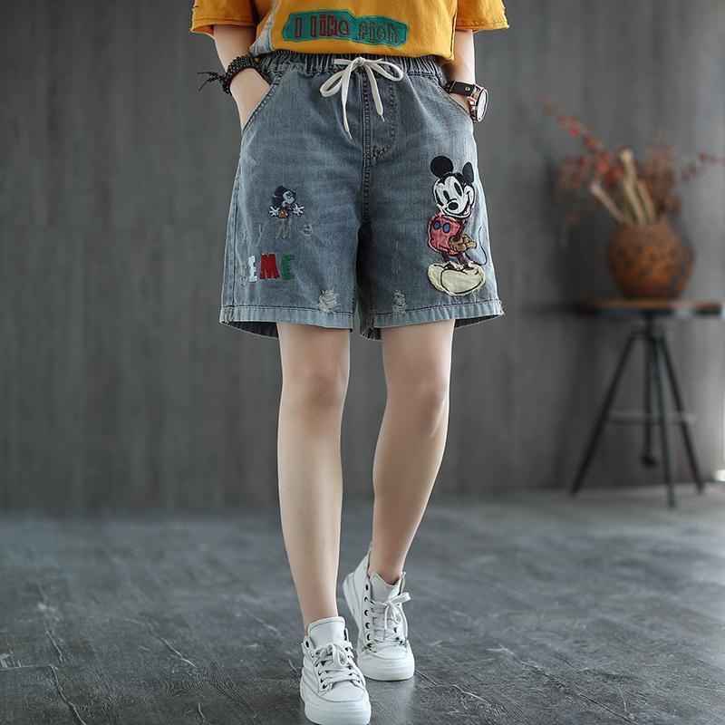 Quần Short Denim Ống Rộng Thêu Họa Tiết Thiết Kế Rách Thời Trang Mùa Hè Hàng Mới Cho Nữ 2022