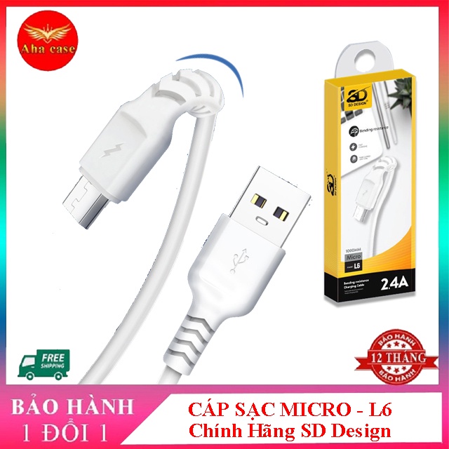 Cáp sạc L6 [Loại Xịn+Siêu rẻ] Dây cáp chính hãng SD Design chân sạc Micro dùng cho samsung, oppo, tai nghe, sạc dự phòng