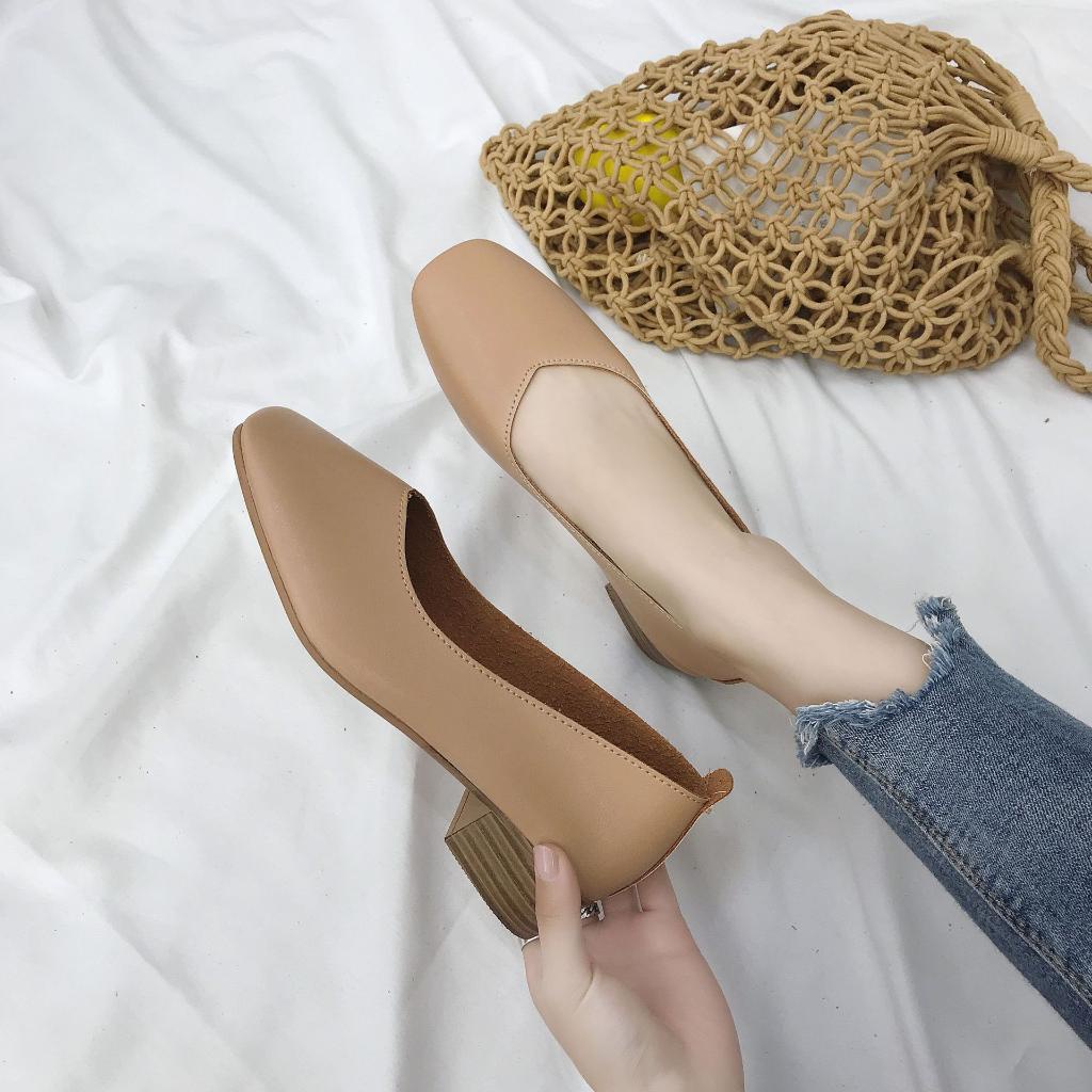 Giày Da Mềm Mũi Vuông Gót Vừa Phong Cách Retro Hàn Quốc Thanh Lịch Cho Nữ