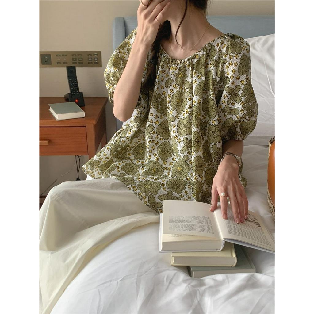 Áo Sơ Mi Ngắn Tay Cổ Tròn Thắt Dây Lưng Họa Tiết Hoa 52679