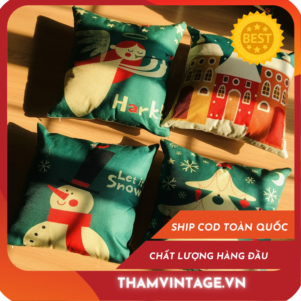 Vỏ gối vuông trang trí vải canvas họa tiết Noel xanh Thảm Vintage