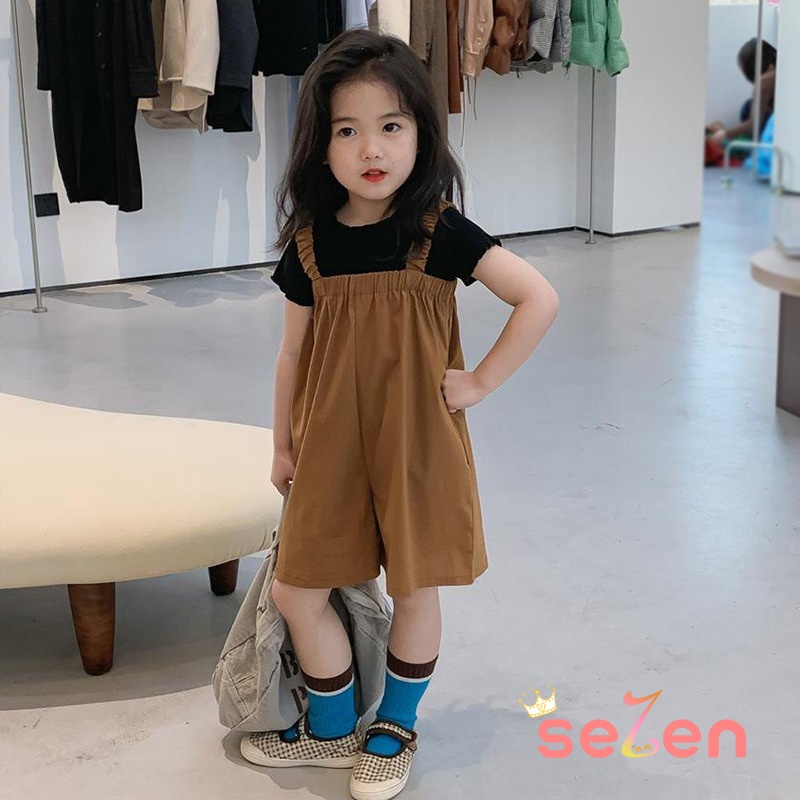 Se7en Set Áo Cổ Tròn Ngắn Tay + Quần Yếm Phong Cách Hàn Quốc Cho Bé Gái
