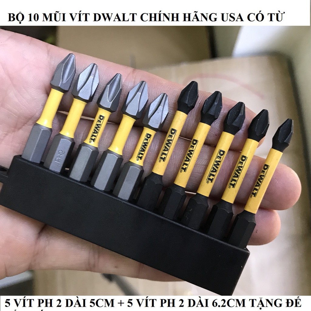 Bộ 10 Mũi Vít Dewalt PH2 Hàng Nhập Mỹ Tặng đế gắn vít