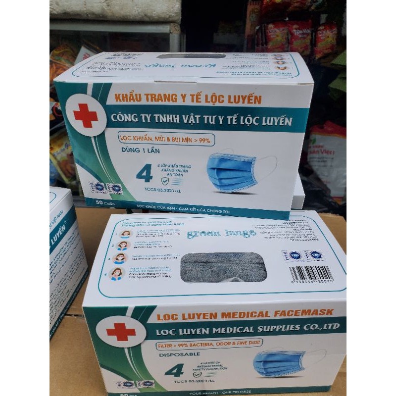 Khẩu trang y tế 4 lớp Lộc Luyến chính hãng, thanh nhựa dễ định hình ôm kín mặt, thoải mái, 50 chiếc/ hộp
